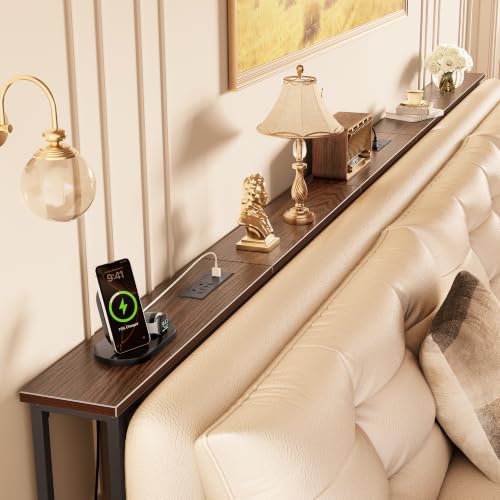Image of Huuger 118 Inch Sofa Table with Power Outlets, Skinny Behind Couch Table | 5.9 Inch Narrow Entryway Table, Extra-Long Console Table, Behind the Couch Table with Outlet for Living Room, Dark Walnut