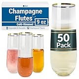 Reli. Champagnergläser aus Kunststoff, transparent, mit Goldrand, ohne Stiel, Einweg-Champagnergläser für Champagner, Mimose, Cocktail, Hochzeit, BPA-frei, bruchsicher, 50 Stück