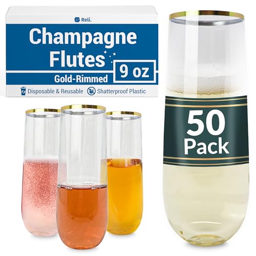 Reli. Plastic Champagne Flutes (50 Pack, 9oz) Clear w/Gold Rim, Stemless | Disposable Champagne...