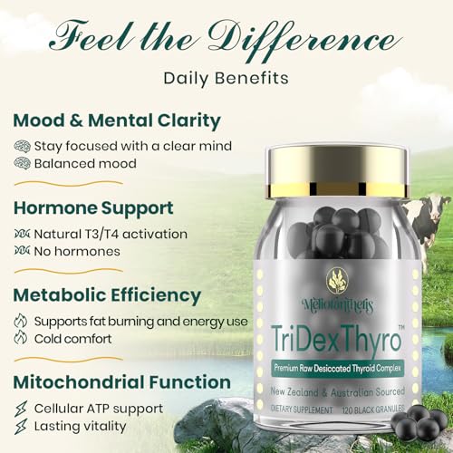 Image of Thyroid Supplement - TriDexThyro Raw Desiccated Thyroid Complex 375 mg with Bovine, Porcine & Ovine -180 Capsules for Women and Men(3 Pack)