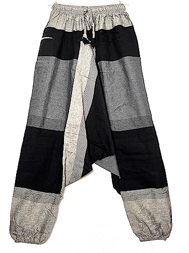 Pantalones Hippies Pantalones Entrepierna Caída,Algodón,Talla Unica,Hecho a Mano En Nepal (Negro/Gris)