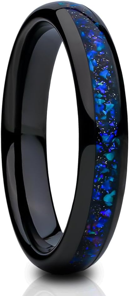 OVIEDO JEWELRY 4mm Tungsten Wedding Ring, Galaxy Opal Wedding Band, Black Anniversary, Engagement, Man's Band, Woman's Tungsten Carbide Unisex Comfort Fit Opal Ring