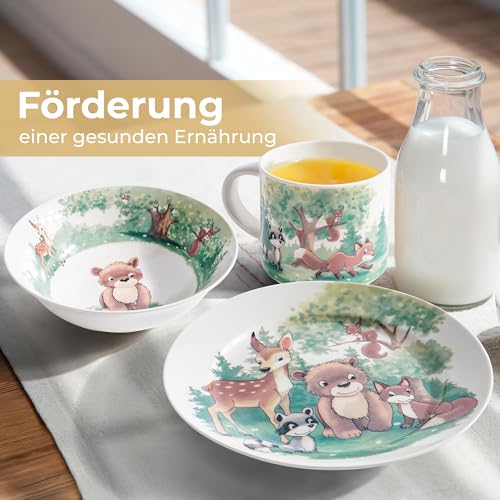 MIAMIO - 3er-Set Kindergeschirr/Porzellan Kinderbesteck, Kindergeschirr-Set aus Porzellan - Inklusive Teller, Schüssel und Tasse - Für Kinder und Kleinkinder (Wald)