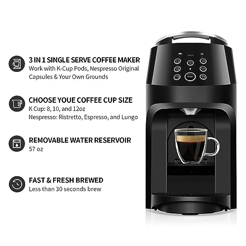 3-in-1 Coffee Maker, Coffee and Espresso Machine Combo for Nespresso, K-Cup Pod and Ground Coffee, Coffee Machine Compatible with Nespresso Capsules OriginalLine, 19 Bar Pressure Pump, 6 Brew Sizes