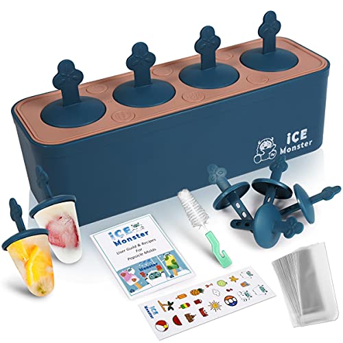 Image of Popsicle Molds For Kids Shapes Maker 4 Cavities Food Grade Silicone Homemade Frozen Ice Popsicle Maker BPA Free Contain 50 Popsicle Bags Popsicle Recipe by ice Monster (4 Cavities, Blue)