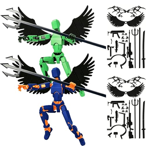 Image of 2Pcs Set Dummy 13 Action Figure, Robot Toy Collection, Articulated Multi-Joint Design, Desktop Decoration Display, Creative Posing for Collectors, Green and Blue Orange Character with Wings and Weapon