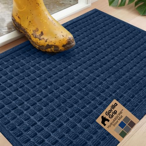Image of GORILLA GRIP Ultra Absorbent Front Door Mat Outside Entrance, Traps Dirt and Moisture, HydroABSORB Indoor Outdoor Doormat Holds Up to 1.7 Cups Water, Stain and Fade Resistant Welcome Mat, 29x17, Blue