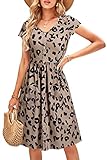 OUGES Women's Short Sleeve Summer Dress V Neck Casual A-line Midi Dresses Beach Vacation Outfits with Pockets Trendy 2026(Leopard 425,S)