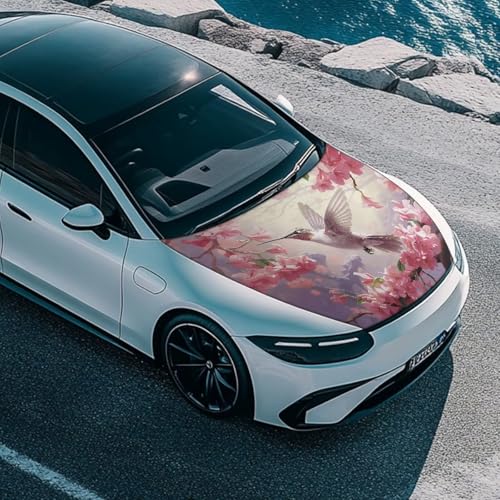 Image of Car Hood Cover, Pink Flower Hummingbird Print Car Hood Protector Car Hood Flag Waterproof Automotive Exterior Accessories for SUV Sedans Trucks Pickup Jeeps