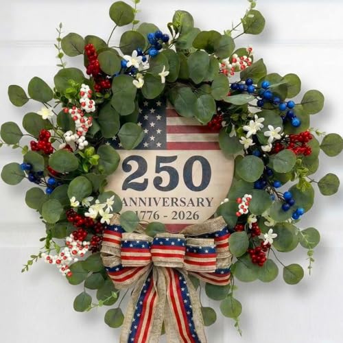4th of July Eucalyptus Wreath for Front Door - 23 inch 1776-2026 USA 250th Anniversary Patriotic Outdoor Decorations Memorial Day Wreaths with Red White Blue Berries and Bow