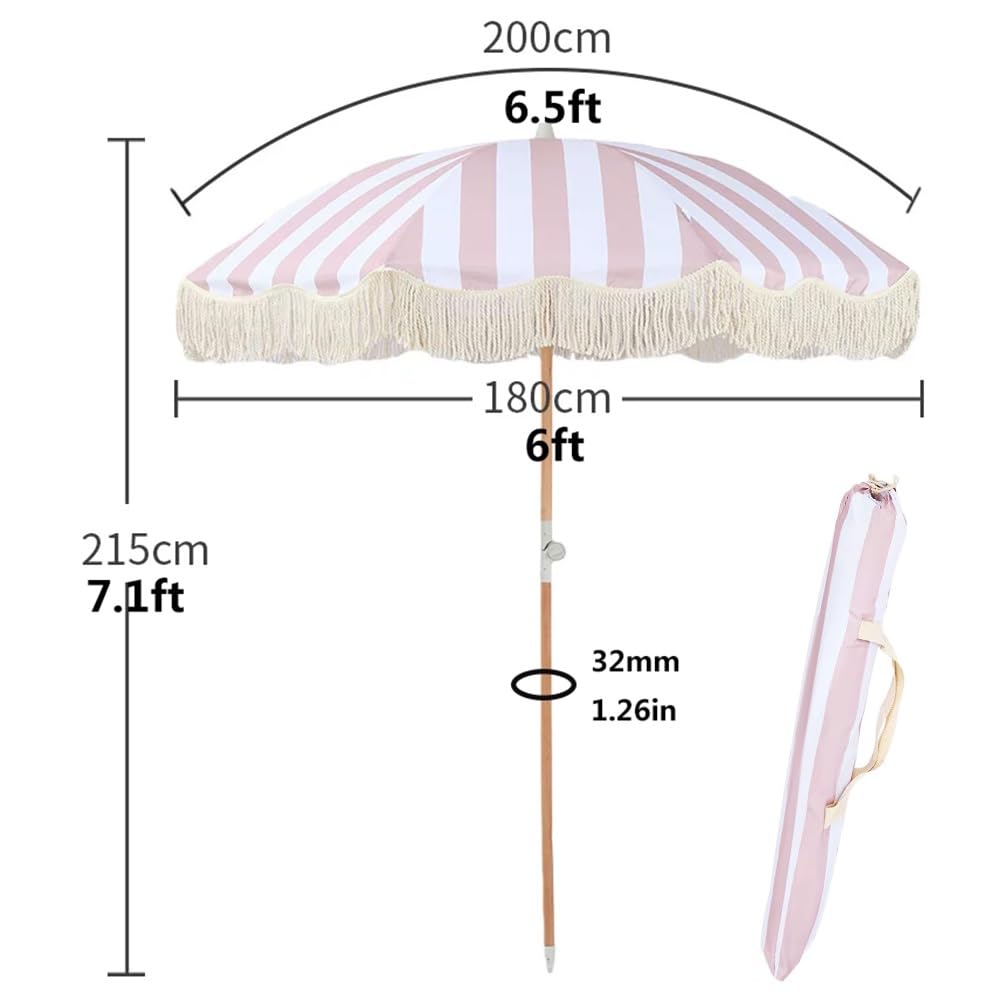 Boho Pasiasty Parasol Plażowy z Frędzlami, 200 cm Przenośny Parasol Tarasowy z Pochylanym Drewnianym Słupkiem do Basenu, Ogrodu, na Taras