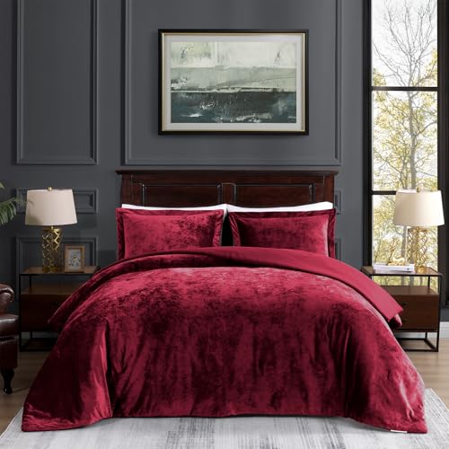 TAMGHO Red Queen Velvet Comforter Set, Plush Crushed Velvet Bedding, Ultra Soft Luxury Fluffy 3pc Set Includes 1 Comforter (92"x96") and 2 Pillow Shams (20"x26"+2")