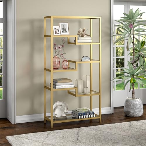 Image of Henn&Hart 68 inch Tall Rectangular Bookcase in Brass, for Home Office, Living Room