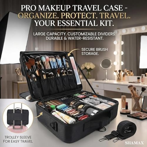 Image of SHAMAX Professional Makeup Bag for Women Travel Cosmetic Kit Storage (2-Layer) Vanity Bag Cosmetics Makeup Brush Bag with Adjustable Dividers Portable Zipper Closure(Black) - Adjustable Strap