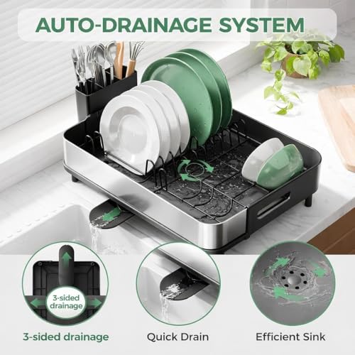 Image of Favria Dish Drying Rack - Space-Saving Dish Rack for Kitchen Counter, Anti Rust Kitchen Drying Rack, Compact Dish Drainer Organizer with Utensils Holder (47 x 32 x 16 cm) (Stainless Steel Black)