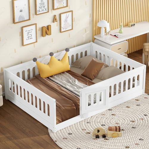 Ball & Cast Full Size Montessori Floor Bed with Heightened Safety Guardrails and Door,Playhouse Wood Bedframe with Slats,Rails and Security Barrier,for Kids,Girls,Boys,Bedroom,Easy Assembly,White