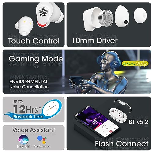 Image of Zebronics Zeb-Sound Bomb N2 TWS Earbuds with 50ms Low Latency Gaming, ENC, Voice Assistant, Flash Connect, Splash Proof, BT v5.2, up to 12H Backup, Call Function and Type C (White)