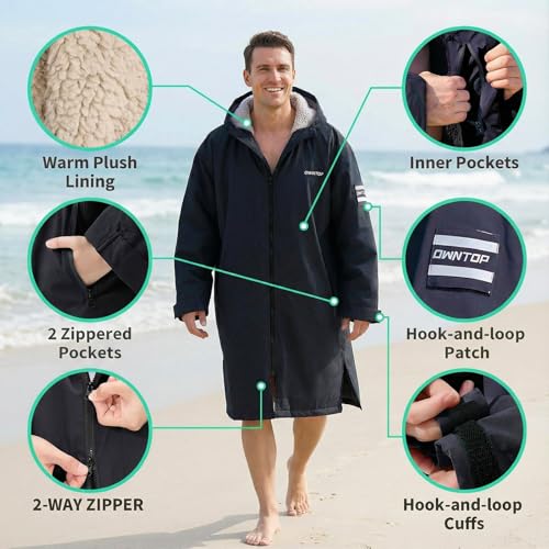 Owntop Wasserdichter Wickelmantel für Erwachsene - Winddichte Kapuzenmantel mit Sherpa-Fleece-Futter | Individueller Klettpatch | Übergroßer Wärmemantel für Schwimmen Surfen Strand (Schwarz,M)