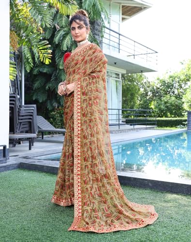 Image of Yashika Women's Georgette Saree with Lace Border |Solid Digital Printed Saree for Women