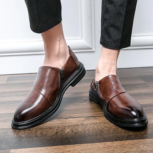 Men's Brogue Leather Slip-on Dress Shoes, Business Oxfords Side Zip Comfortable Elevated Fit for Grooms Professionals 7