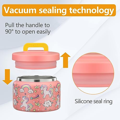 Image of PIQUEBAR 8oz Kids Thermo for Hot Food,Small Lunch Thermo Food Container Stainless Steel,Easy Open Wide Mouth Thermo for Hot Cold Food for Preschool Travel (Pink Unicorns)