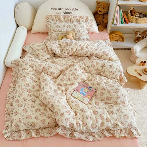 Image of BuLuTu Girls Toddler Kids Duvet Cover Pink Floral Chic Duvet Covers with Ruffles Muslin Cotton Soft Comforter Cover, 47 inchx59 inch, Soft Lightweight, Machine Wash, No Pillowcases /Comforter