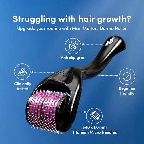 Image of Man Matters 1.00 mm Derma Roller with Disinfectant | With 540 Titanium Alloy Needles | Promotes Beard & Hair Growth & Reduces Acne Scars | Safe & Effective to Use