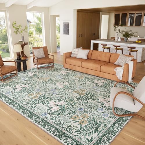 Image of Botanical Floral Area Rug 9x12 Light Green Cream Vintage Garden Design, Perfect for Living Room, Bedroom, Kids Room, Nursery - Stain & Water Resistant Non-Slip, Pet & Child Friendly Area Rugs