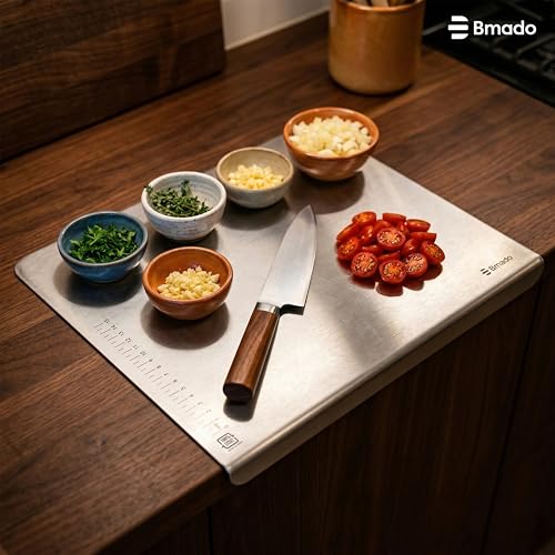Image of Bmado Premium Food Grade Counter Top Stainless Steel Chopping Cutting Board Vegetable,Fruit,Bread & Durable Safe & Heavy Duty, Regular (351 x 310 x 1)