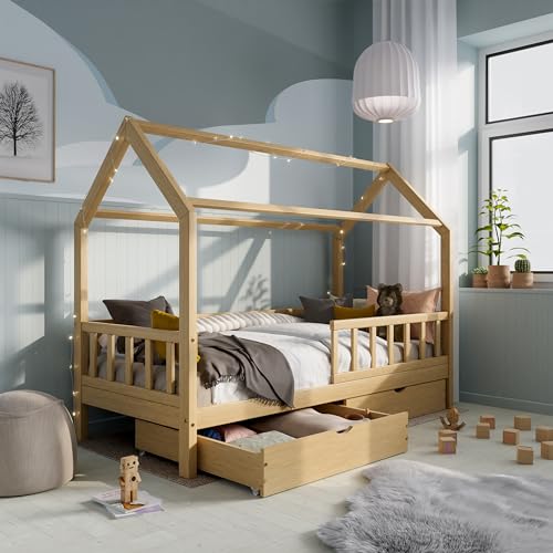 RIVERBANK® Hausbett 90x200 - Kinderbett 90x200, Kinderbett mit Rausfallschutz und Zwei Schubladen, Kiefernholz, Montessori Bett für Kinder, Jungen, Mädchen, Bodenbett auf Anfrage
