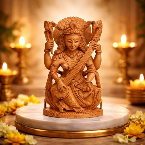 Image of RDK Saraswati MATA Chandan Murti - 4 inches Handcrafted Sandalwood Idol for Pooja, Home Temple & Study Room - for Spiritual & Religious Use Only