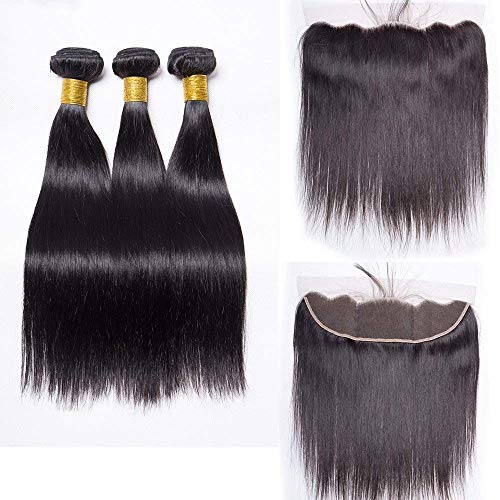 Brazilian Straight Hair 3 Bundles With Frontal Closure 134 Ear to Ear Lace Frontal Closure With Bundles Unprocessed Virgin Human Hair Bundles With Frontal Natural Color(20 22 24 + 18 Frontal)