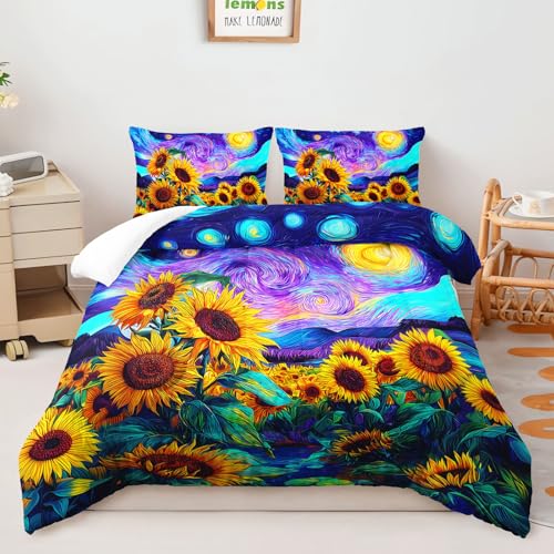 Image of AILONEN Sunflower Bedding Set Twin Size for Kids Teens Girls Women,Blossom Flower Floral Comforter with 2 Pillowcase,Dreamy Purple Blue Starry Quilt Set,3-Piece