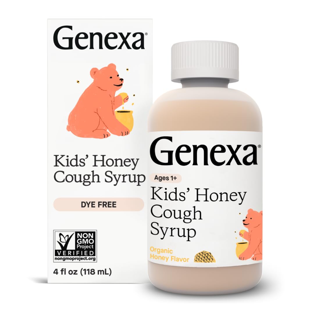 Genexa Kids’ Organic Honey Cough Syrup, Dye Free, 0% Artificial Additives, Children's Cough Remedy for Kids 2-11, Soothing Natural Honey Flavor, Gluten Free, & Non-GMO 4 fl oz