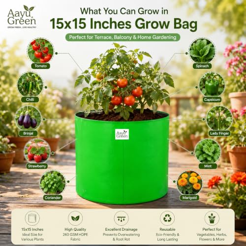 Image of Grow Bag UV Protected 260 GSM | HDPE Grow Bags for Plants | Heavy Duty Green Garden Plant Grow Bag with Drainage Holes | Reusable Vegetable Grow Bag for Terrace Gardening (6, 15X15 INCH)