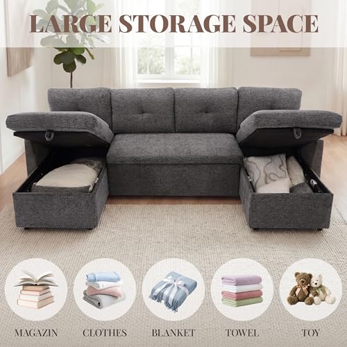 Image of Huatean Home 100 inch Oversized Sleeper Sofa Couch, 2 in 1 Pullout Couch Bed with Side Pockets for Living Room, Sectional Sleeper Sofa Bed with Double Storage Chaise, Darkgrey