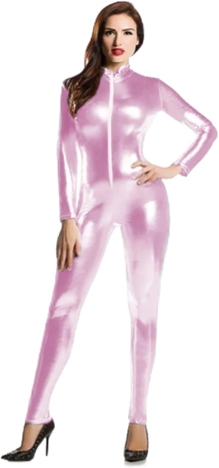 Women's full-length jumpsuit: Shimmering spandex jumpsuit with front zip and long sleeves(Pink,M)