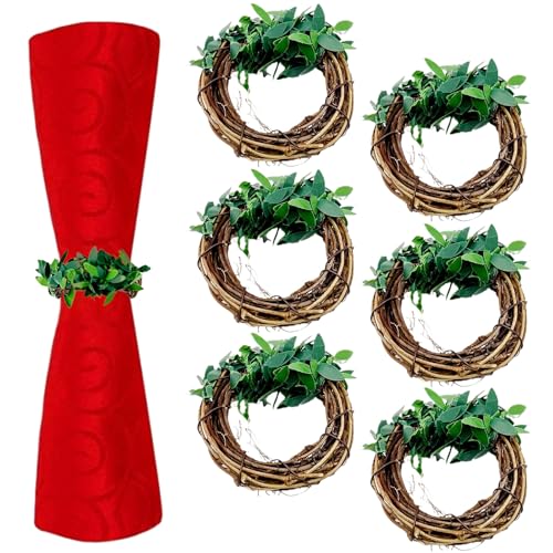 6Pcs Servilleteros de Navidad, Servilleteros Corona Hojas Verdes Servilleteros de Navidad Decoración de Mesa Navideña Adornos de Mesa de Comedor para Fiesta de Navidad, Año Nuevo, Boda