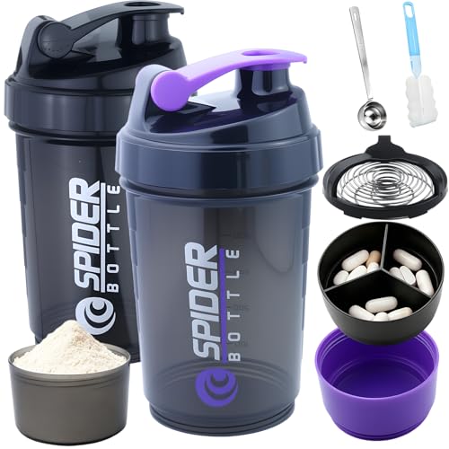 cersaty 2 unidades de coctelera de proteínas de 550 ml, a prueba de fugas, incluye bola de mezcla, pastillero y dos recipientes de almacenamiento extraíbles de 30 ml y 40 ml