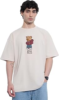 The Souled Store Oversized T-Shirt: Bear Minimum Men and Boys Short Sleeves Round Neck Beige Graphic Printed Cotton Oversi...