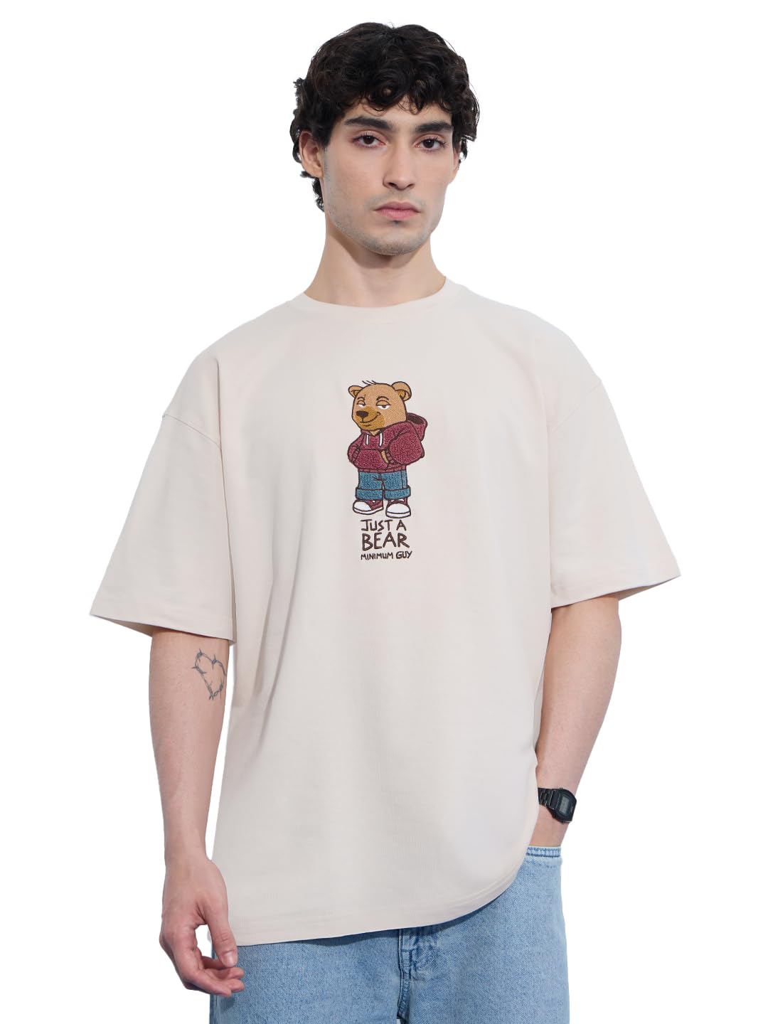 The Souled Store Oversized T-Shirt - Bear Minimum Herren Jungen Kurzarm Rundhals Beige Grafik Gedruckt Baumwolle Oversized T-Shirts