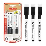 PACK 3 ROTULADORES: Color Negro, rotulador para pizarra blanca de punta media 2mm, borrable y de secado rápido. Este rotulador incluye borrador en la parte superior del rotulador e imán en el cuerpo para dejar puesto en la pizarra magnética.