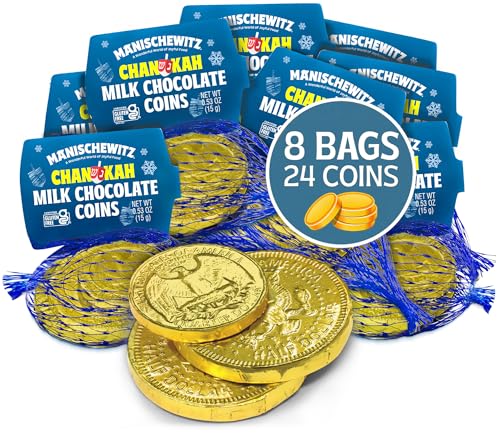 Manischewitz Gold Milk Chocolate Coins, Hanukkah Gelt, (8 Pack) Individually Wrapped Chanukah Coins | St. Patrick’s Day Chocolate Coins | Gluten Free | Kosher (Cholov Yisroel) | Holiday Coins | Assorted Sizes