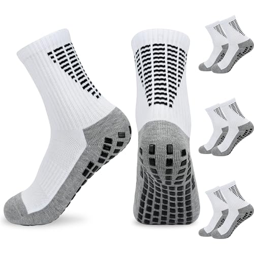 KOOOGEAR 3 pares de calcetines de fútbol antideslizantes para niños, antideslizantes, transpirables, antideslizantes, para fútbol, baloncesto, correr, rugby, tenis, 3 Pares Blanco, 6-12 años