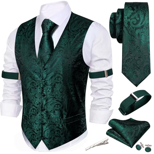 Barry.Wang Mens Vest Tie Set Floral Jacquard Waistcoat Necktie Cuffllinks Sleeve Holder Set Formal Wedding Party 6PCS