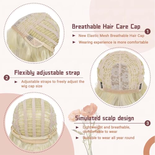 Image of Pastel 613 Blonde Wavy Bob Wig for Women, Short Shoulder Length Synthetic Wig with Bangs, Matte Natural Realistic Look Lightweight Hairpiece, Blonde Color for Daily Wear & Cosplay Costume
