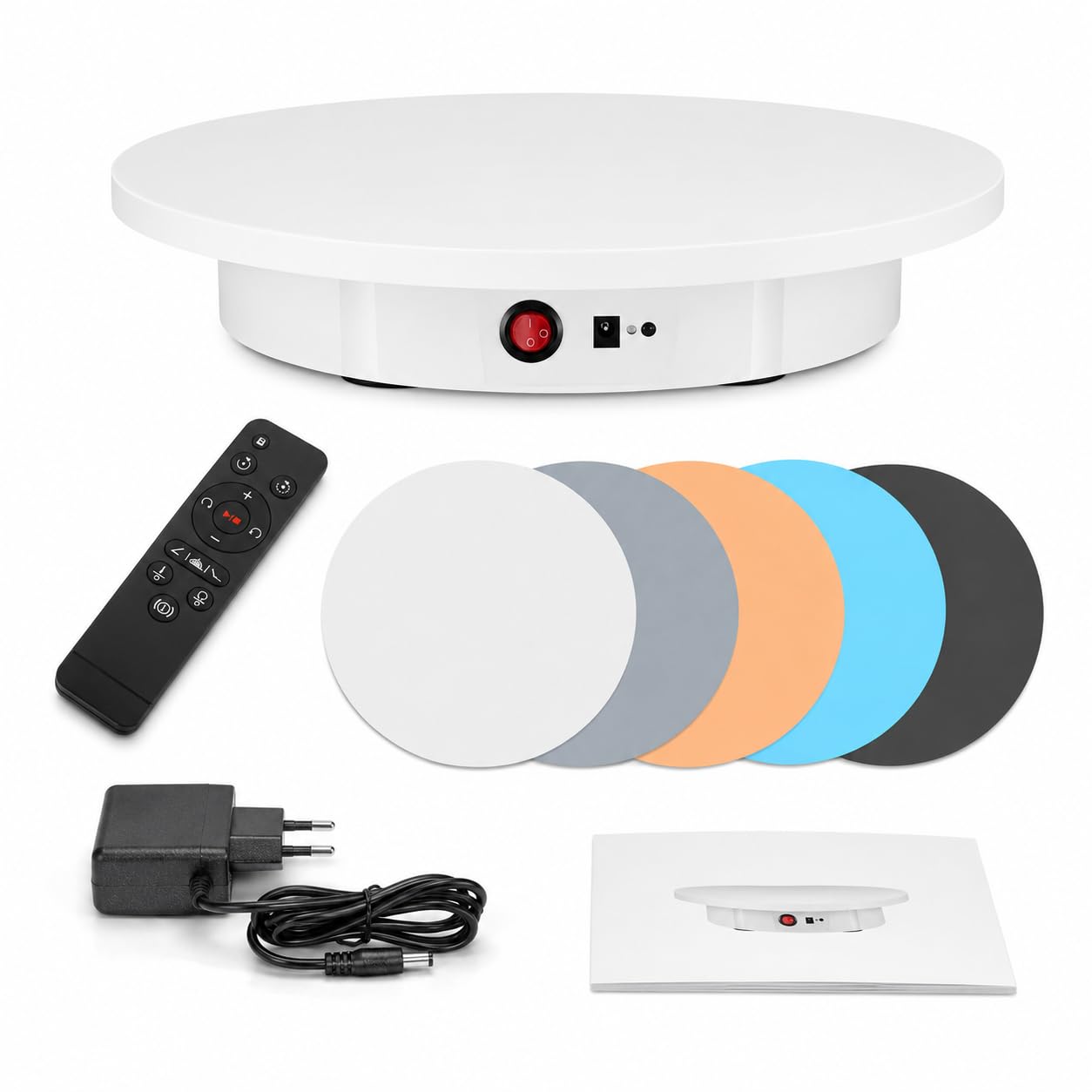 Elektrischer 360° Drehteller mit Fernbedienung – Drehbare Fotoscheibe für Produktfotografie, Videos, Schmuck, Uhren, Schuhe, Modelle & Displays – Profi Präsentationstool (Weiß, 42 cm)