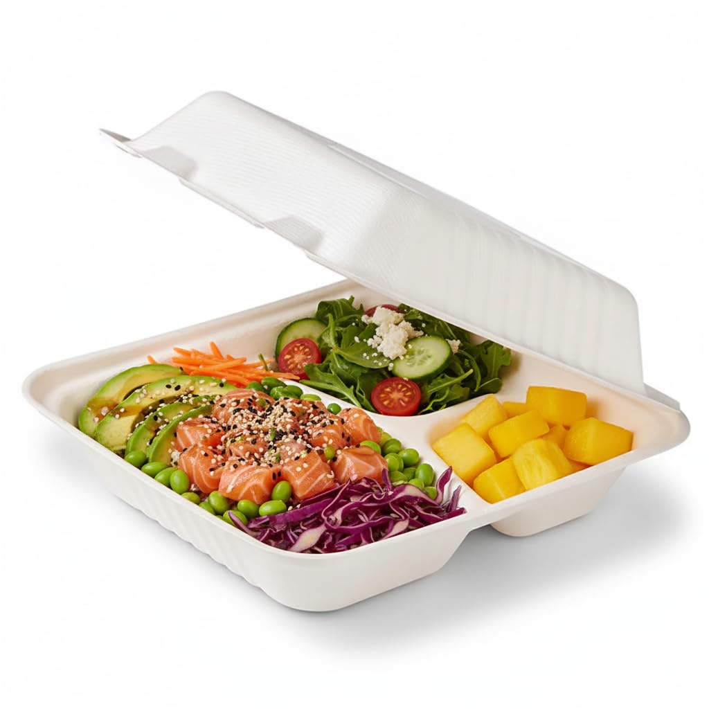 Caja pulpa blanca 3 comp. biodegradable de 50 unidades para platos combinados