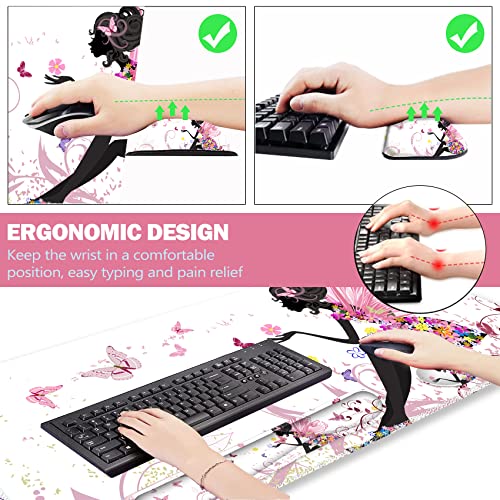 Image of ARTSO Extended Gaming Mouse Pad Set, Keyboard Wrist Rest Support Pad + Wrist Cushion + XXL Large Mouse Pad + Coaster, Stitched Edge, Non-Slip, Memory Foam Desk Mat, Pink Butterfly Girl