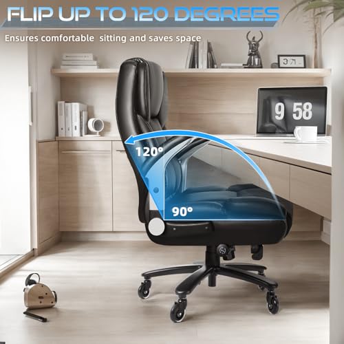VITESSE 600lbs Large Heavy Duty Office Chair with Flip up Armrest, Big and Tall Office Chair with Ergonomic Lumbar Support, Leather Office Chair for Heavy People with Quiet Rubber Wheel (Black)